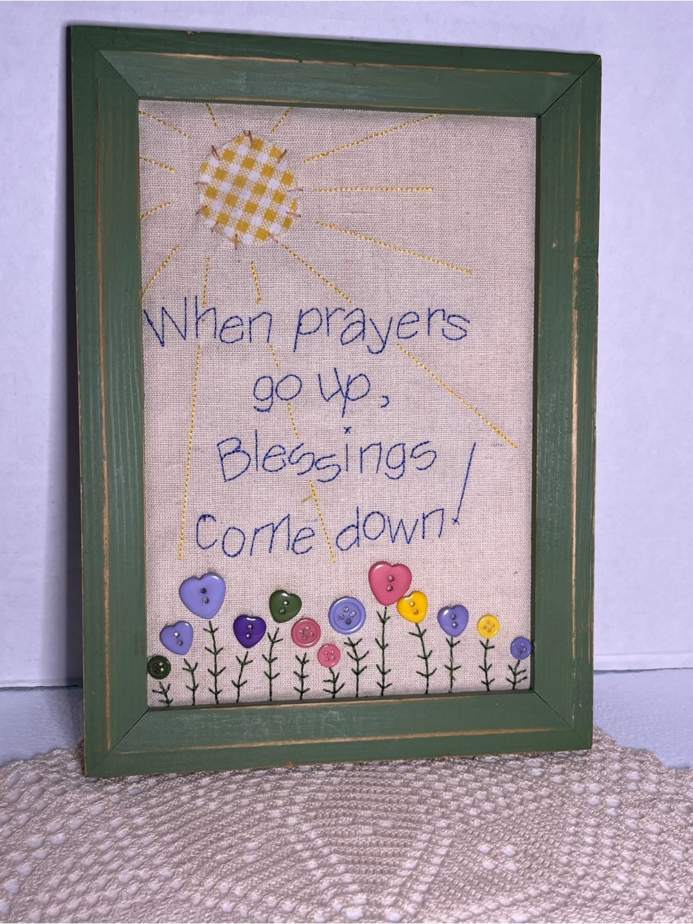 Handmade Button & Embroidered Wall Art “When Prayers Go Up, Blessings Come Down”